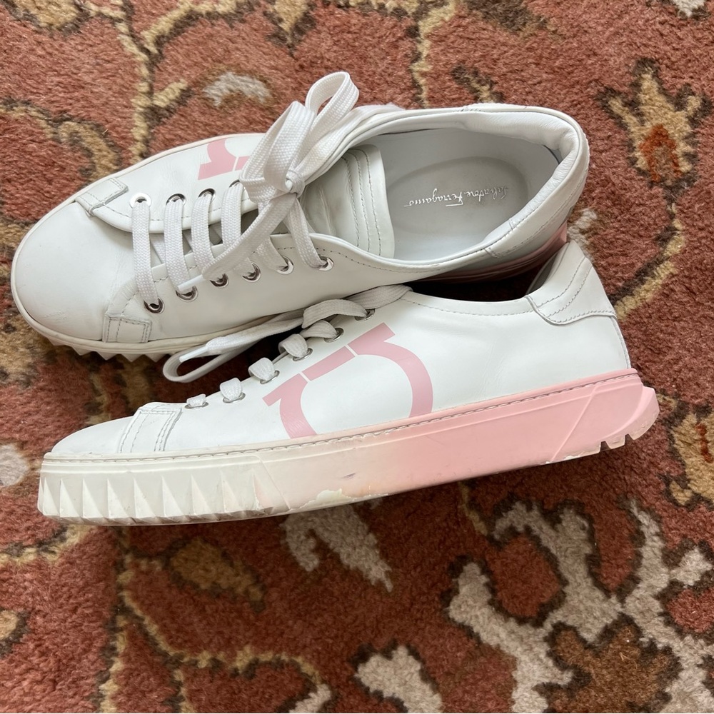 Salvatore Ferragamo White/Pink Cube Leather Sneakers White Size 38 Barbiecore